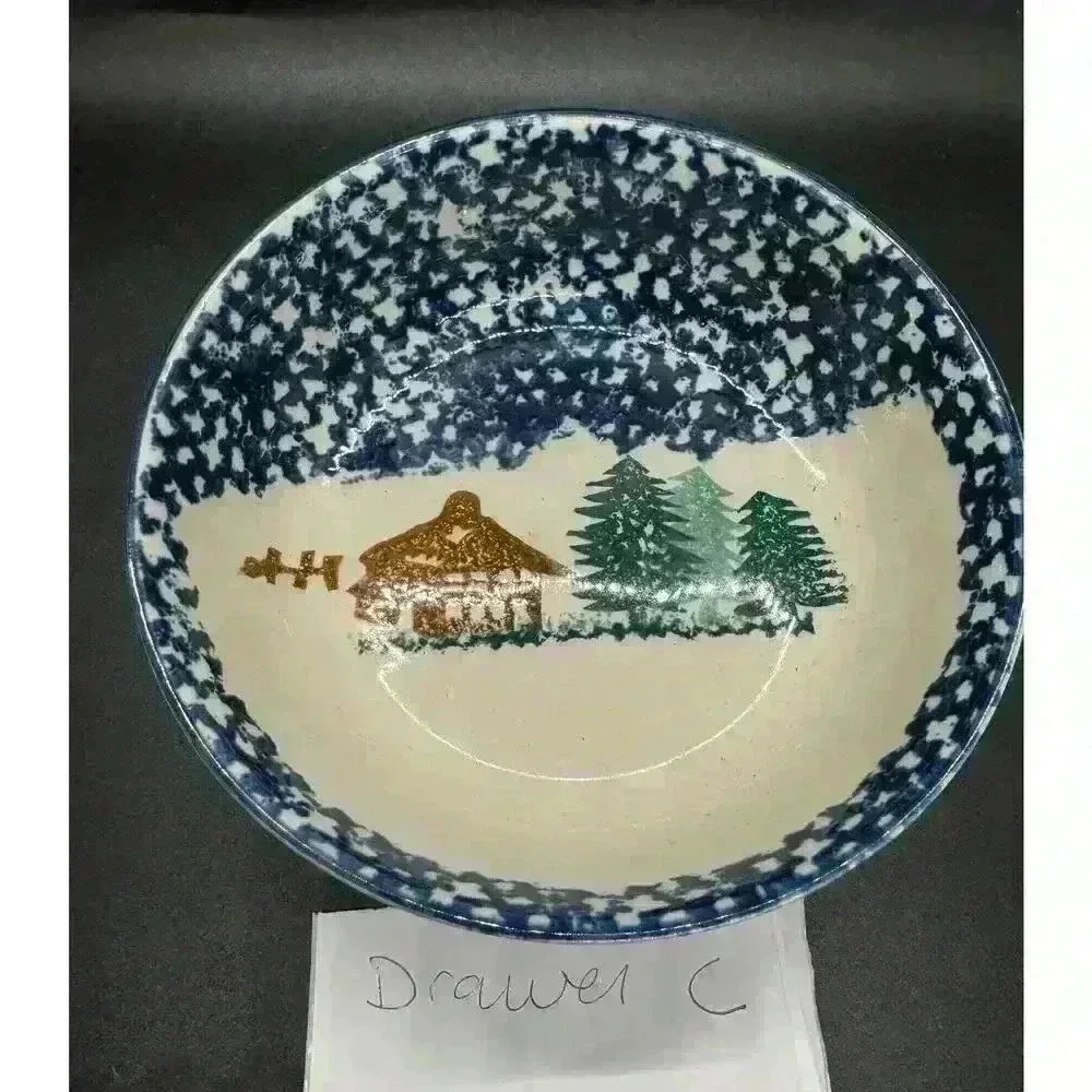 Thompson Pottery Hand Painted Moose Small Plate + Cereal Bowl Sponge Painting